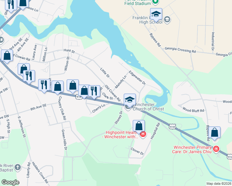 map of restaurants, bars, coffee shops, grocery stores, and more near 1509 Old Cowan Road in Winchester