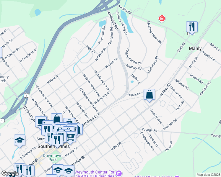 map of restaurants, bars, coffee shops, grocery stores, and more near 240 West Delaware Avenue in Southern Pines
