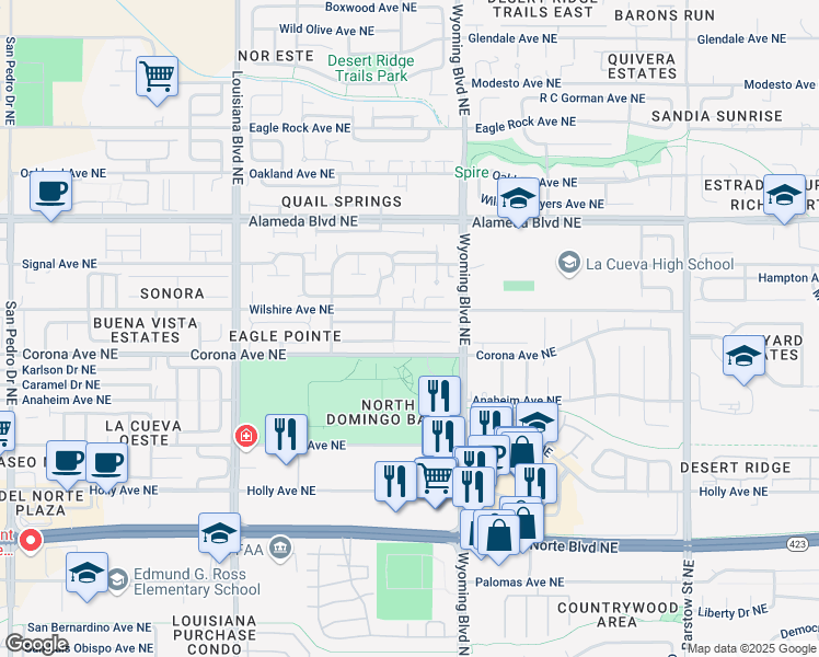 map of restaurants, bars, coffee shops, grocery stores, and more near 7412 Tricia Road Northeast in Albuquerque