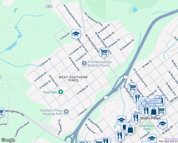 map of restaurants, bars, coffee shops, grocery stores, and more near 310 South Stephens Street in Southern Pines