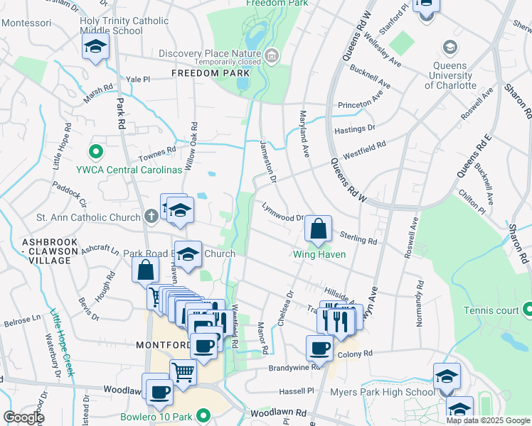 map of restaurants, bars, coffee shops, grocery stores, and more near 1944 Lynnwood Drive in Charlotte