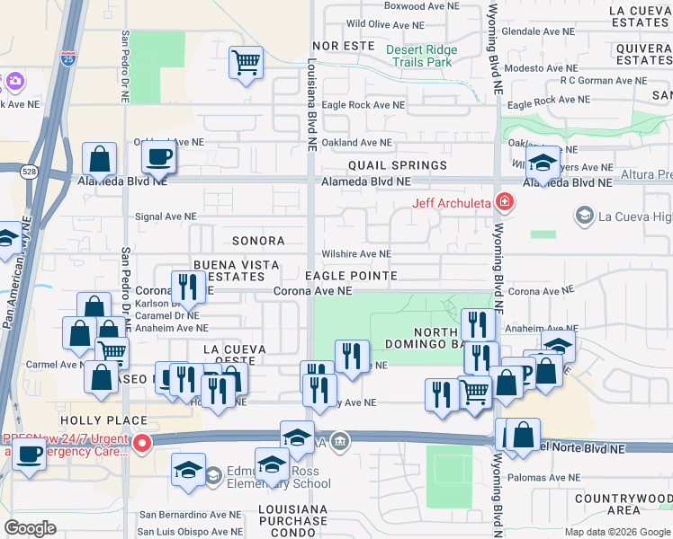 map of restaurants, bars, coffee shops, grocery stores, and more near 7012 Red Hawk Road Northeast in Albuquerque