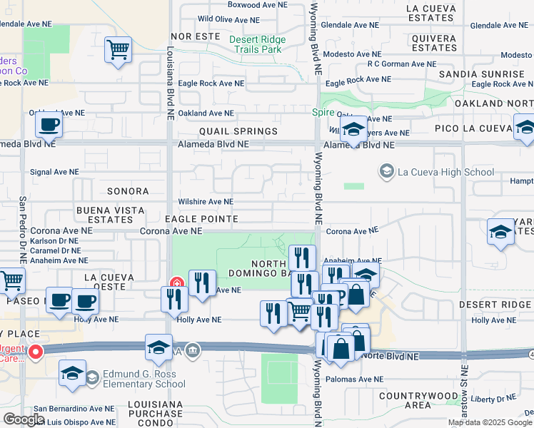 map of restaurants, bars, coffee shops, grocery stores, and more near 7320 Tricia Road Northeast in Albuquerque
