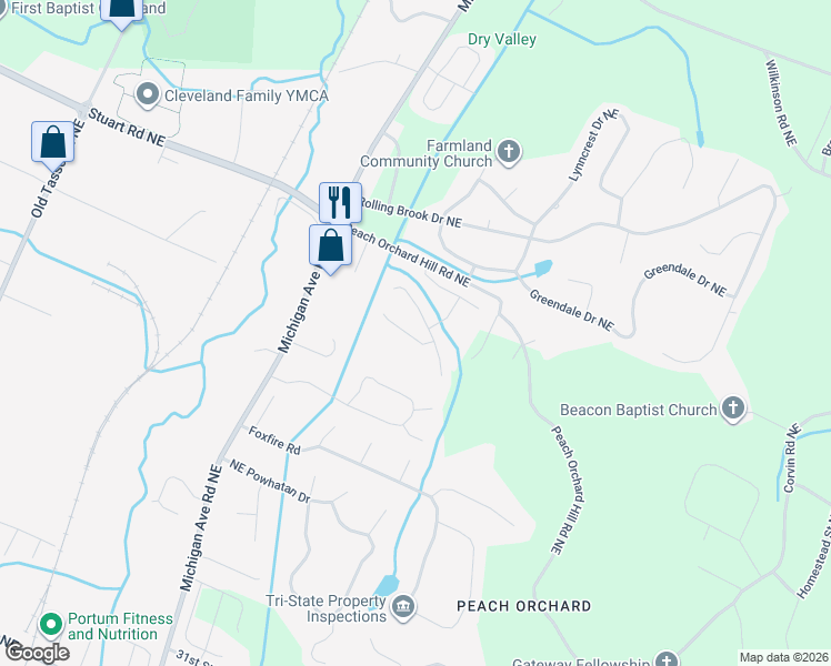map of restaurants, bars, coffee shops, grocery stores, and more near 1960 Little Pond Road Northeast in Cleveland