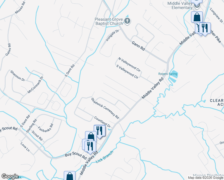 map of restaurants, bars, coffee shops, grocery stores, and more near 914 Kennington Hills Drive in Middle Valley