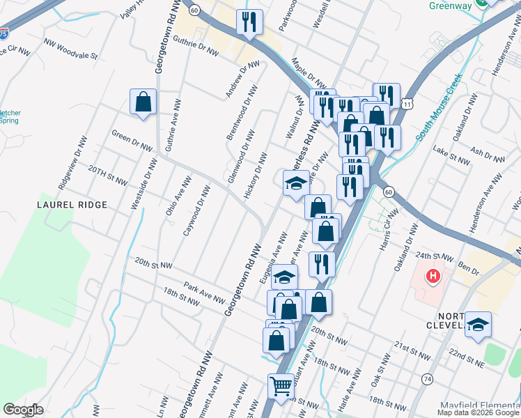 map of restaurants, bars, coffee shops, grocery stores, and more near 2110 Georgetown Road Northwest in Cleveland