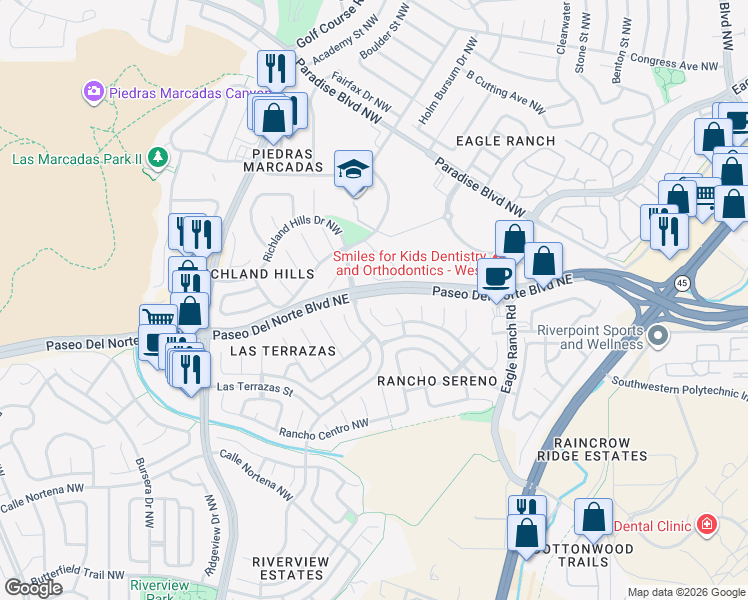 map of restaurants, bars, coffee shops, grocery stores, and more near 8415 Rancho Colina Northwest in Albuquerque