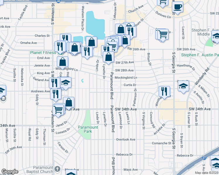 map of restaurants, bars, coffee shops, grocery stores, and more near 3110 Paramount Boulevard in Amarillo