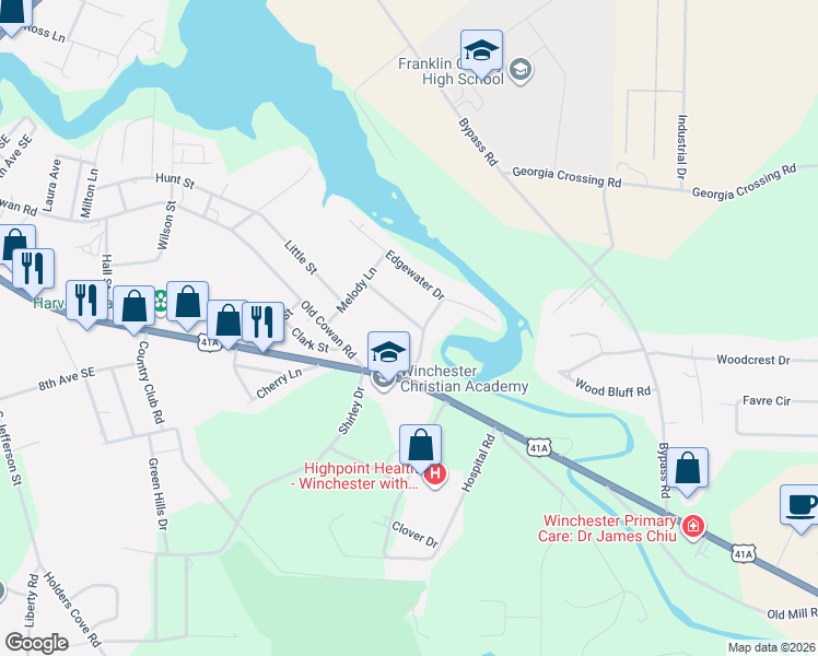 map of restaurants, bars, coffee shops, grocery stores, and more near 210 Homeward Avenue in Winchester