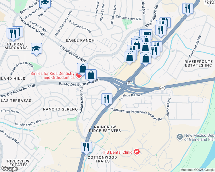 map of restaurants, bars, coffee shops, grocery stores, and more near 4701 All Saints Road Northwest in Albuquerque
