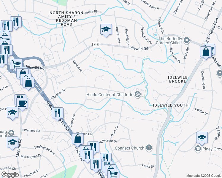 map of restaurants, bars, coffee shops, grocery stores, and more near 2402 Middleburg Drive in Charlotte