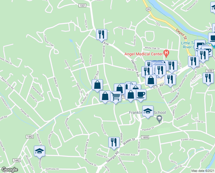 map of restaurants, bars, coffee shops, grocery stores, and more near 70 Bidwell Street in Franklin