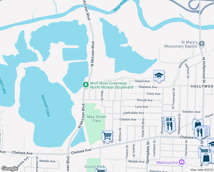 map of restaurants, bars, coffee shops, grocery stores, and more near 1627 Harmen Street in Memphis
