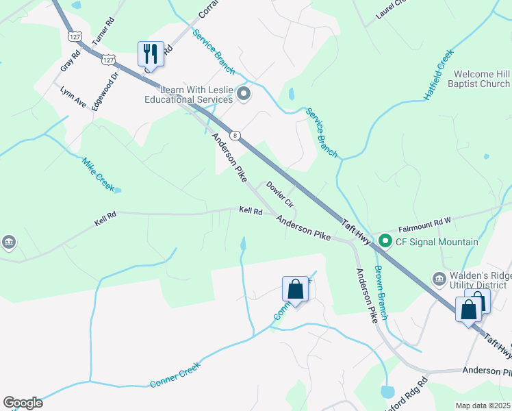 map of restaurants, bars, coffee shops, grocery stores, and more near 2513 Kell Rd in Signal Mountain