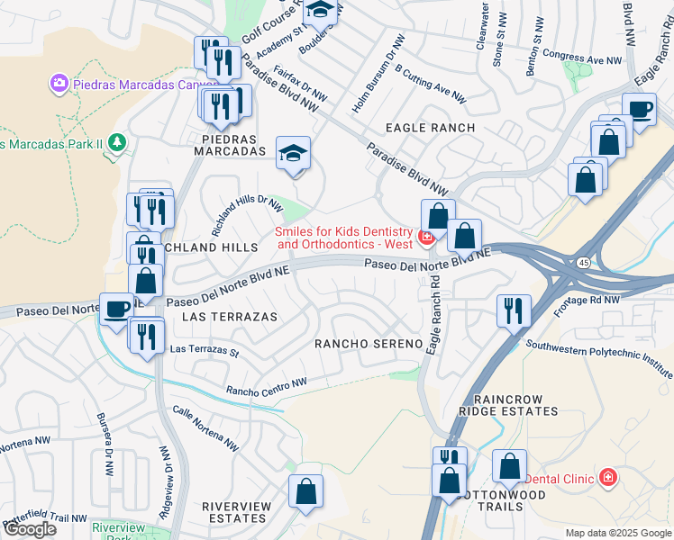 map of restaurants, bars, coffee shops, grocery stores, and more near 8412 Rancho Colina Northwest in Albuquerque