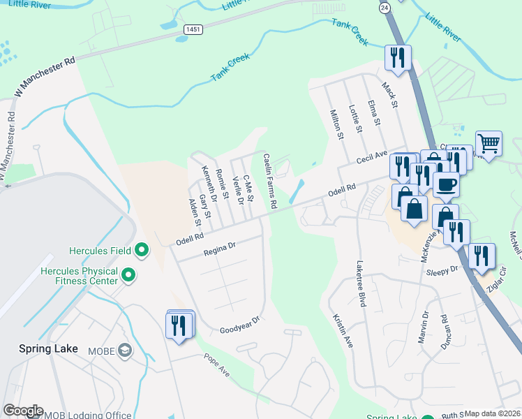 map of restaurants, bars, coffee shops, grocery stores, and more near 524 Odell Road in Spring Lake