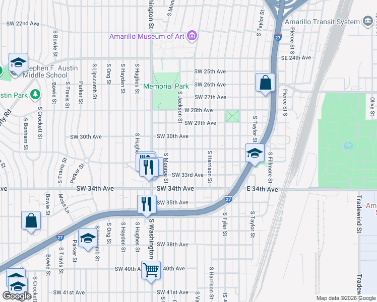 map of restaurants, bars, coffee shops, grocery stores, and more near 401 West 31st Avenue in Amarillo