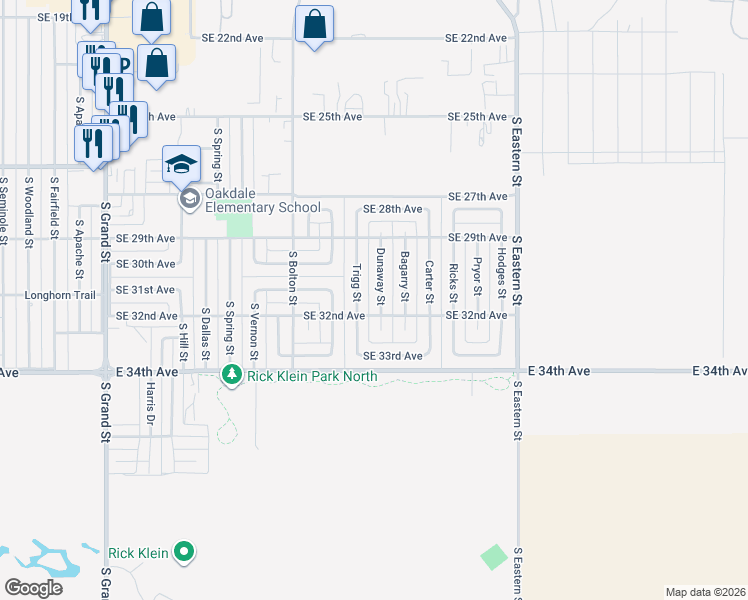 map of restaurants, bars, coffee shops, grocery stores, and more near 2924 Dunaway Street in Amarillo