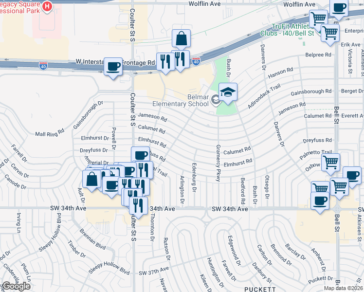 map of restaurants, bars, coffee shops, grocery stores, and more near 6909 Calumet Road in Amarillo