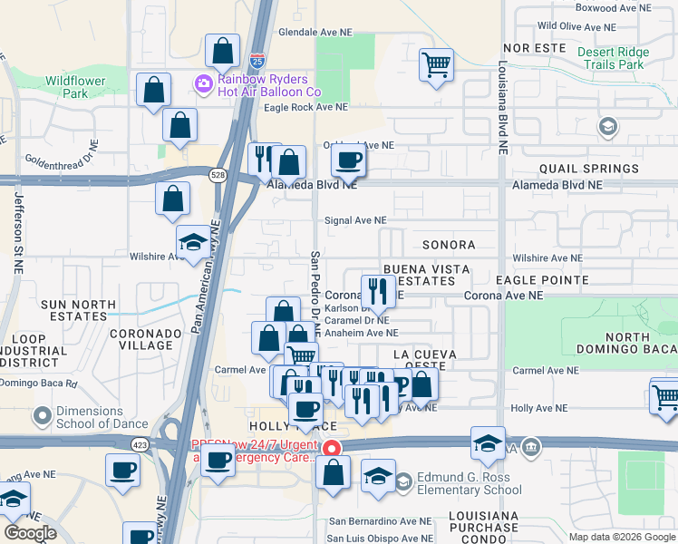 map of restaurants, bars, coffee shops, grocery stores, and more near 8515 Rancho Del Cerro Drive Northeast in Albuquerque