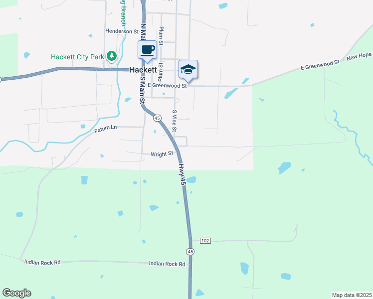 map of restaurants, bars, coffee shops, grocery stores, and more near 413 Wright Street in Hackett