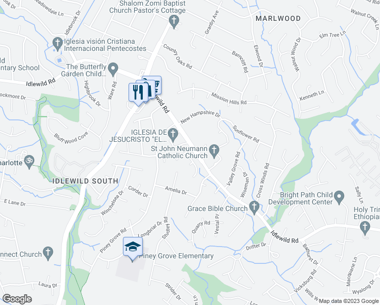 map of restaurants, bars, coffee shops, grocery stores, and more near 8407 Alicia Brittany Lane in Charlotte