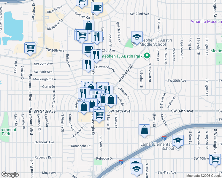 map of restaurants, bars, coffee shops, grocery stores, and more near 2600 Duncan Drive in Amarillo