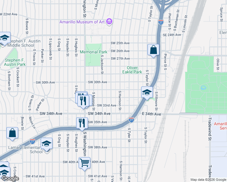map of restaurants, bars, coffee shops, grocery stores, and more near 3100 South Harrison Street in Amarillo