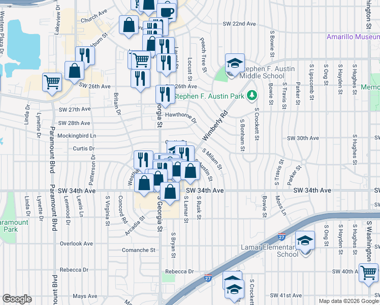 map of restaurants, bars, coffee shops, grocery stores, and more near 2600 Duncan Drive in Amarillo