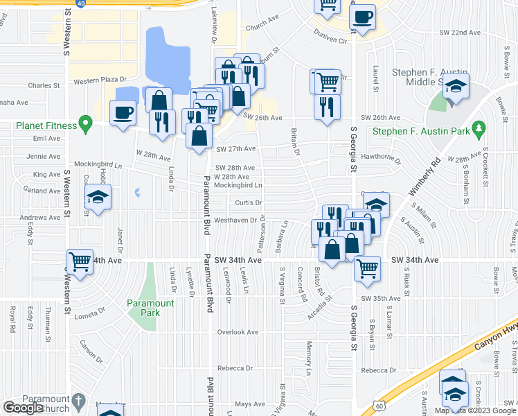 map of restaurants, bars, coffee shops, grocery stores, and more near 3105 Curtis Drive in Amarillo