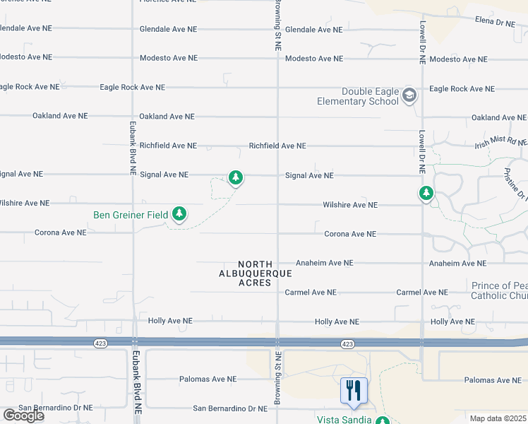 map of restaurants, bars, coffee shops, grocery stores, and more near 11100 Wilshire Avenue Northeast in Albuquerque