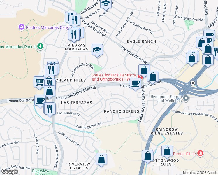 map of restaurants, bars, coffee shops, grocery stores, and more near 8415 Rancho Colina Northwest in Albuquerque