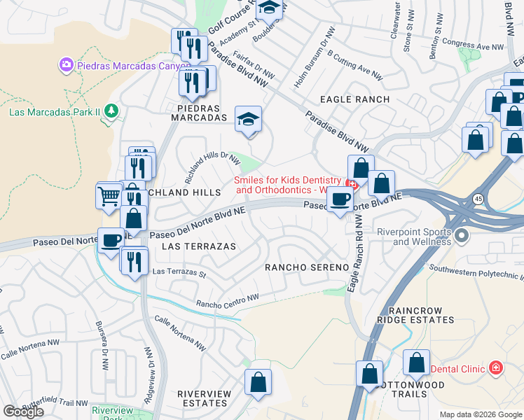 map of restaurants, bars, coffee shops, grocery stores, and more near 8415 Rancho Colina Northwest in Albuquerque