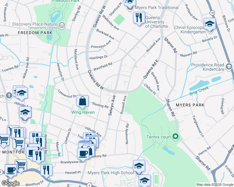 map of restaurants, bars, coffee shops, grocery stores, and more near in Charlotte
