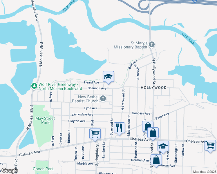 map of restaurants, bars, coffee shops, grocery stores, and more near 2252 Shannon Avenue in Memphis