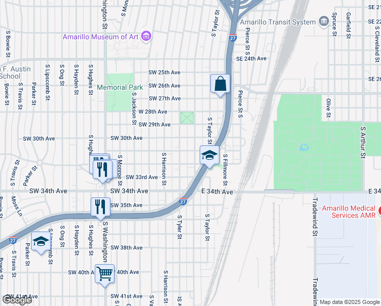 map of restaurants, bars, coffee shops, grocery stores, and more near 3100 South Polk Street in Amarillo