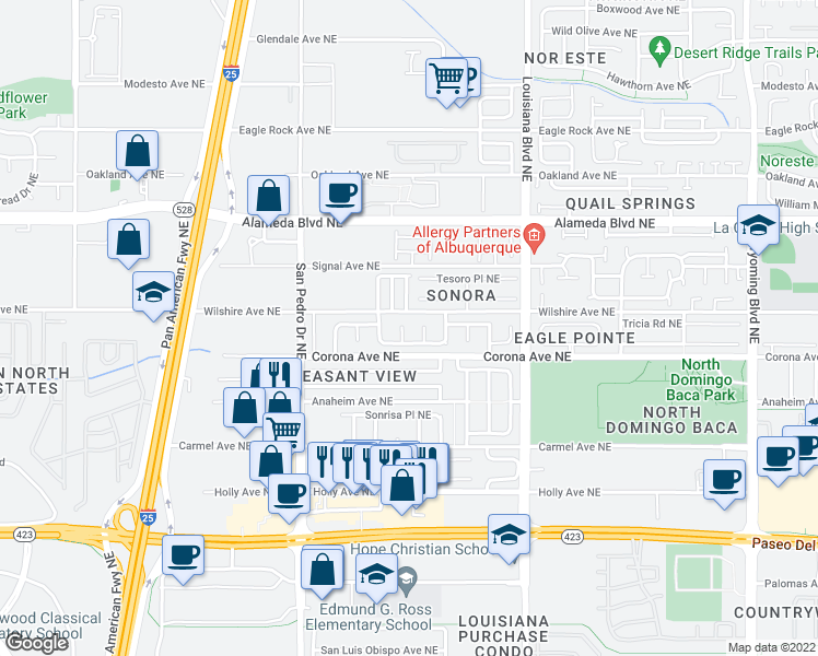 map of restaurants, bars, coffee shops, grocery stores, and more near 8512 Rancho Diego Place Northeast in Albuquerque
