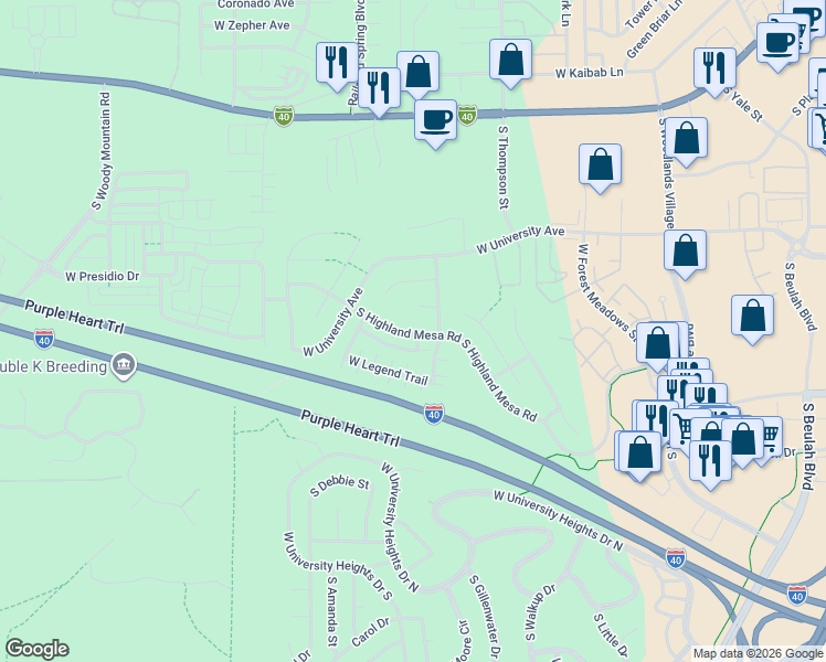 map of restaurants, bars, coffee shops, grocery stores, and more near 2100 South Highland Mesa Road in Flagstaff