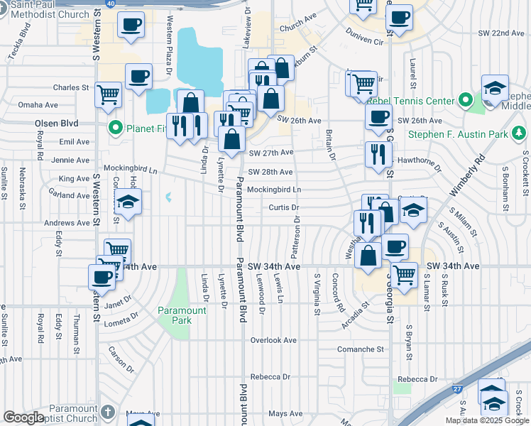 map of restaurants, bars, coffee shops, grocery stores, and more near 3115 Curtis Drive in Amarillo