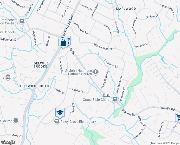 map of restaurants, bars, coffee shops, grocery stores, and more near 8401 Idlewild Road in Charlotte