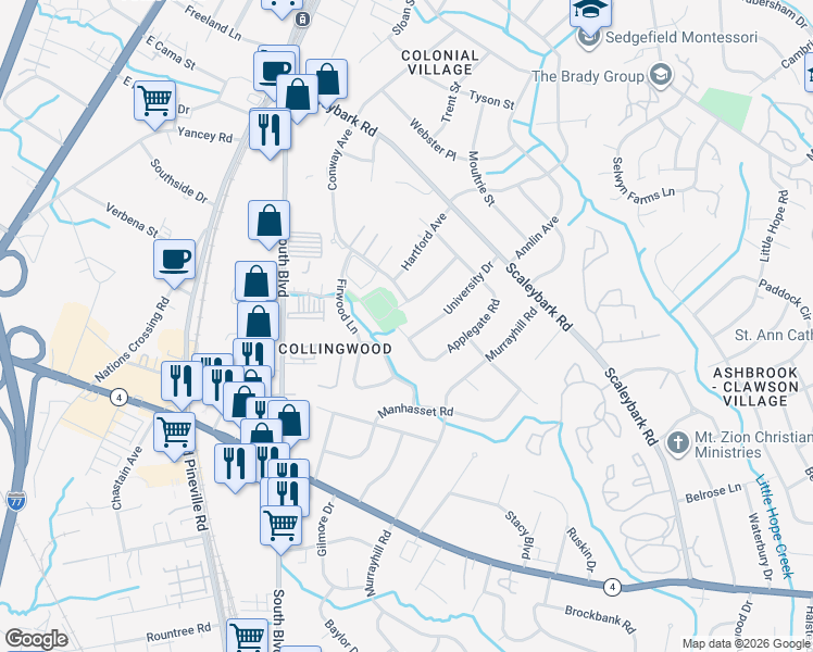 map of restaurants, bars, coffee shops, grocery stores, and more near 4510 Applegate Rd in Charlotte