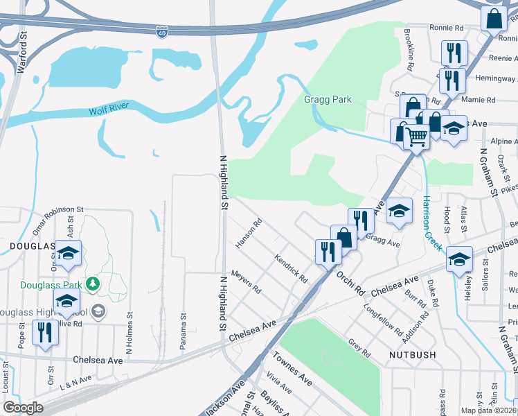 map of restaurants, bars, coffee shops, grocery stores, and more near 3530 Orchi Road in Memphis