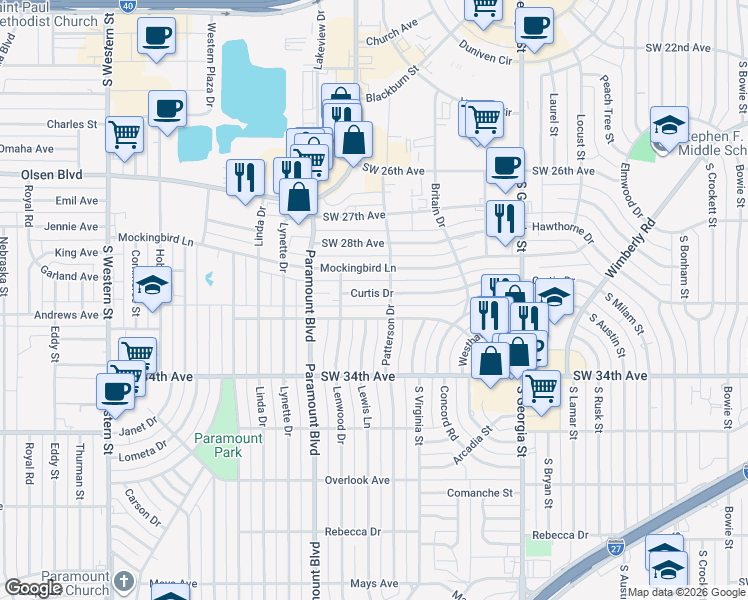 map of restaurants, bars, coffee shops, grocery stores, and more near 3105 Curtis Drive in Amarillo