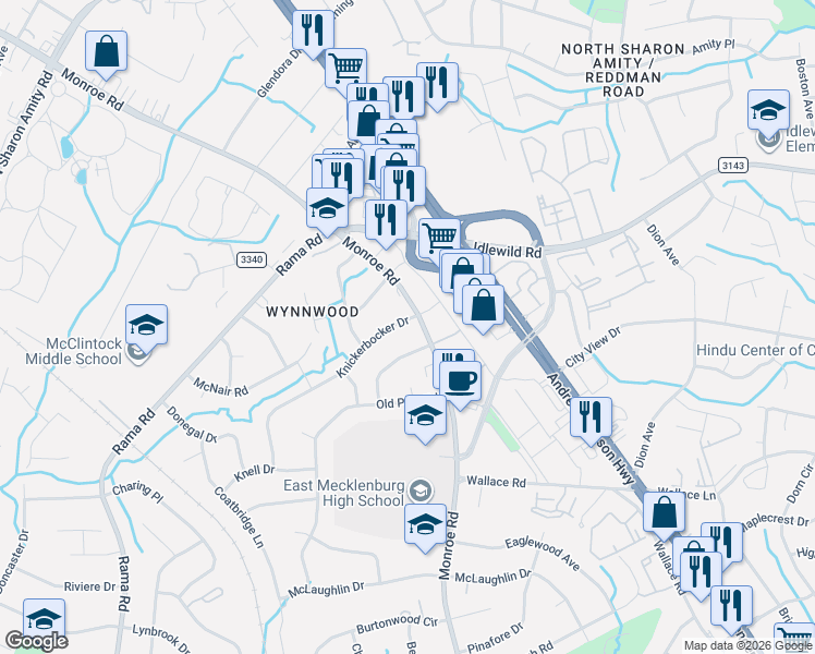 map of restaurants, bars, coffee shops, grocery stores, and more near 2444 Knickerbocker Drive in Charlotte