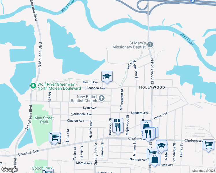 map of restaurants, bars, coffee shops, grocery stores, and more near 2252 Shannon Avenue in Memphis