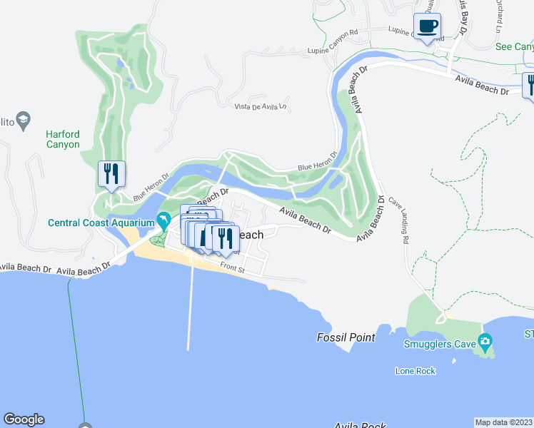 map of restaurants, bars, coffee shops, grocery stores, and more near 225 Lucas Lane in Avila Beach