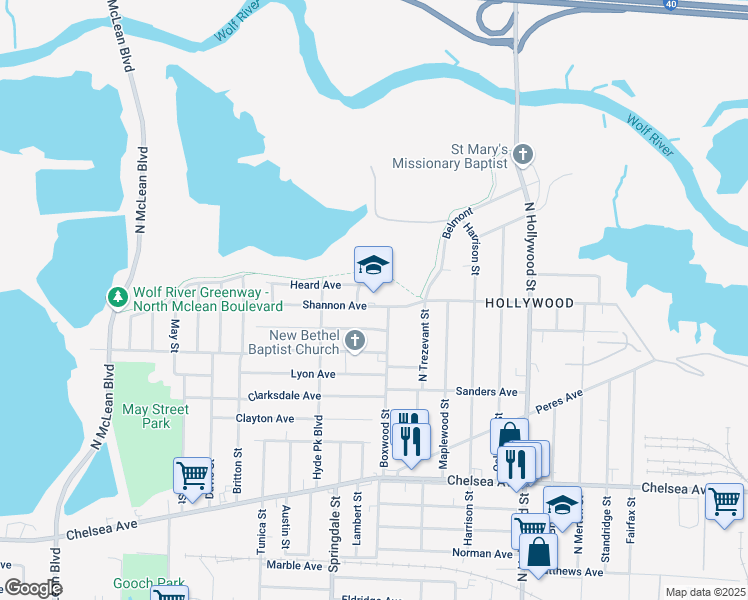 map of restaurants, bars, coffee shops, grocery stores, and more near 2252 Shannon Avenue in Memphis