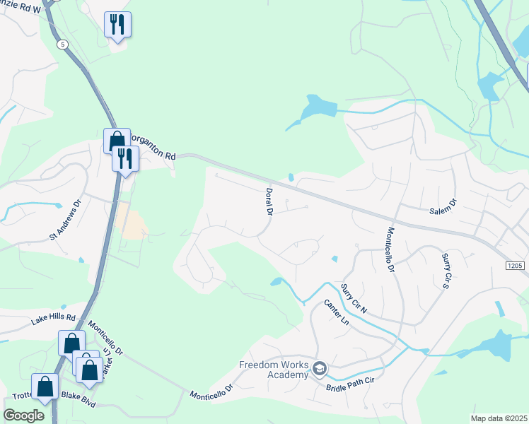 map of restaurants, bars, coffee shops, grocery stores, and more near 45 Doral Drive in Pinehurst