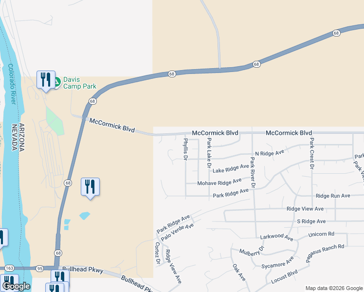 map of restaurants, bars, coffee shops, grocery stores, and more near 421 Phyllis Drive in Bullhead City