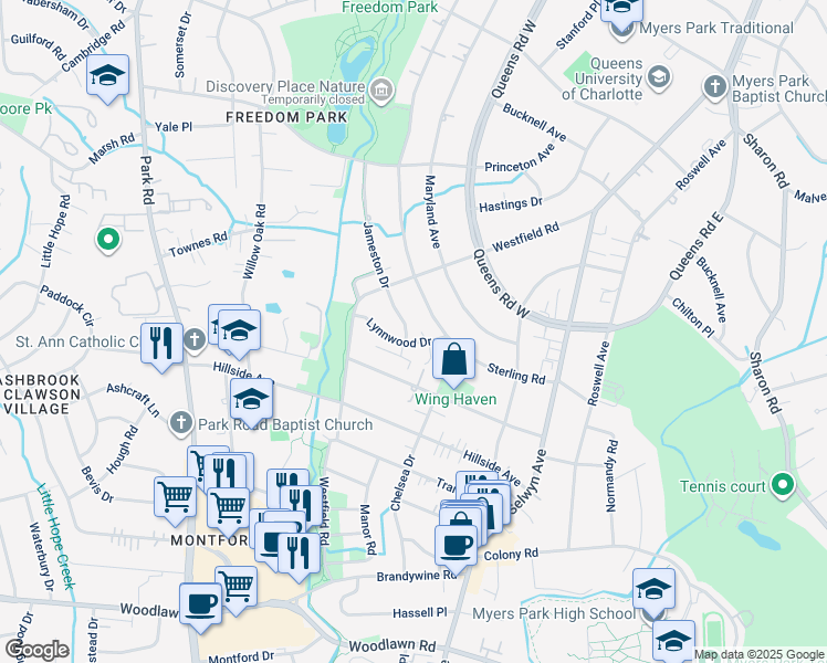 map of restaurants, bars, coffee shops, grocery stores, and more near 1837 Jameston Drive in Charlotte